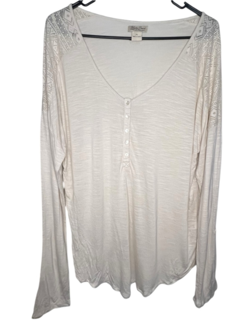 Lucky Brand Cream Boho Henley Long Sleeve Lace Shoulder Lightweight Blouse